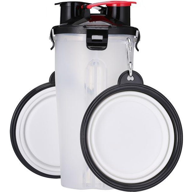 (White) Portable 2 in 1 Pet Food Water Food Container with 2 Folding Silicone Pet Bowl Outdoor Travel Dog Feeder Cup
