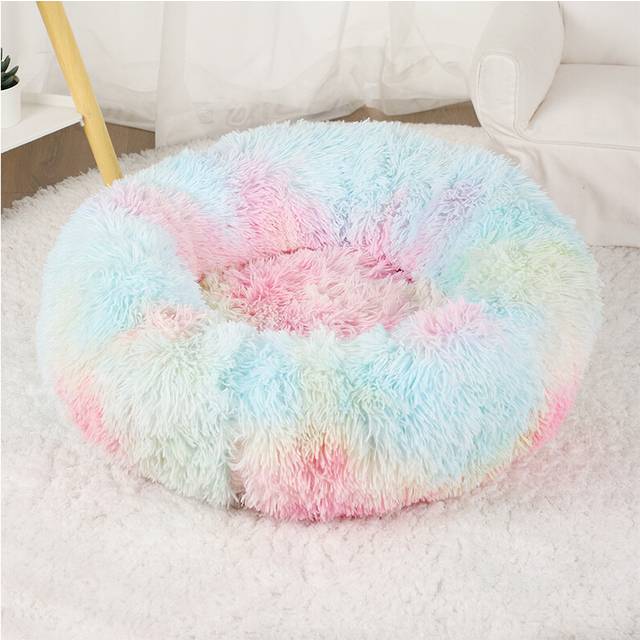 (Colorful, 80cm) Dog Bed Donut Big Large Round Basket Plush Beds for Dogs Medium Accessories Fluffy Kennel Small Puppy
