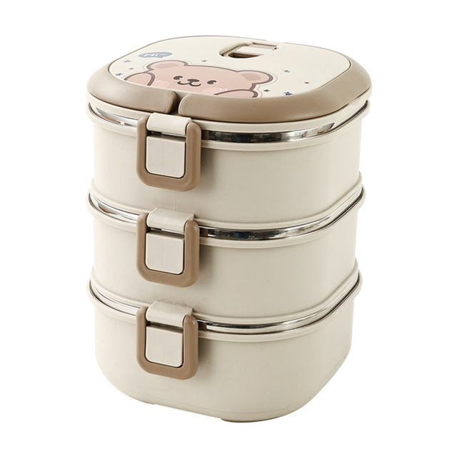 304 Stainless Steel Insulated Lunch Box with Spoon Stacked Bento Portable Cute Food Leak Proof Container,B