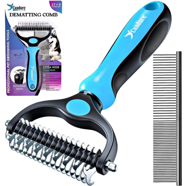 Dematting comb for dogs & cats - 17+9 double-sided deshedding tool (blue)