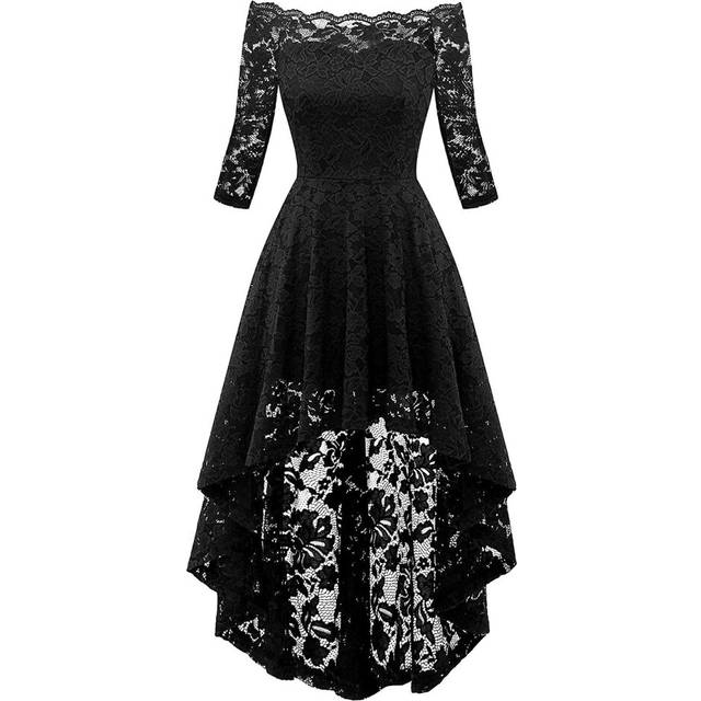 (M, Black) Promotion 50%off Womens Vintage Off Shoulder Lace Dress Floral Full Lace High And Low Long Sleeve Party Cocktail A-line Swing Dresses Best