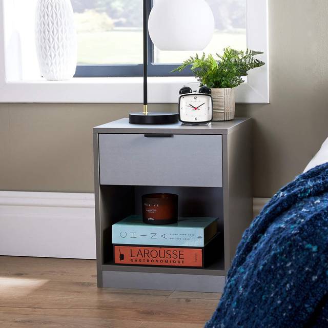(Grey) Bedside Table with Storage Drawer and Shelf