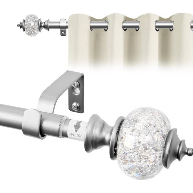 Metal Curtain Poles 122-213cm with Brackets and Stylish Finial, Adjustable Voile Curtain Poles - Silver Grey