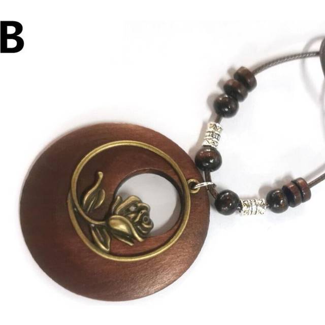 (B) 1pc Leaves Long Chain Choker Beaded Pendant Wooden Necklace Gift Ethnic Style Jewelry Vintage