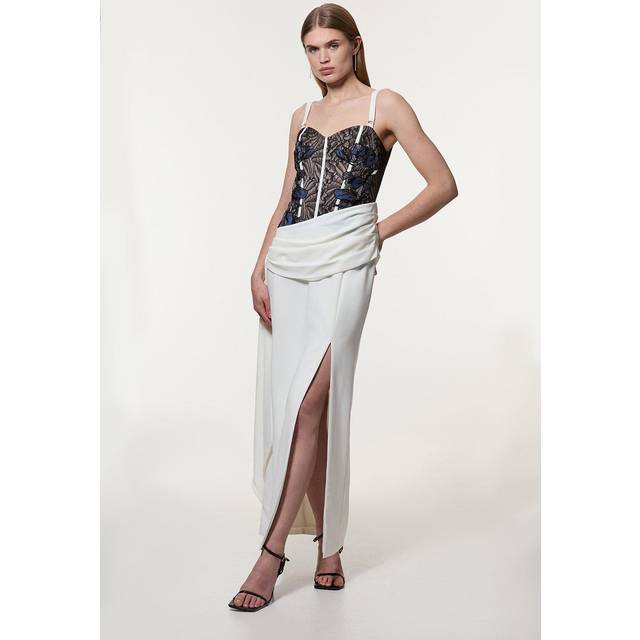 Lace Applique Contrast Corseted Tailored Maxi Dress - Mono
