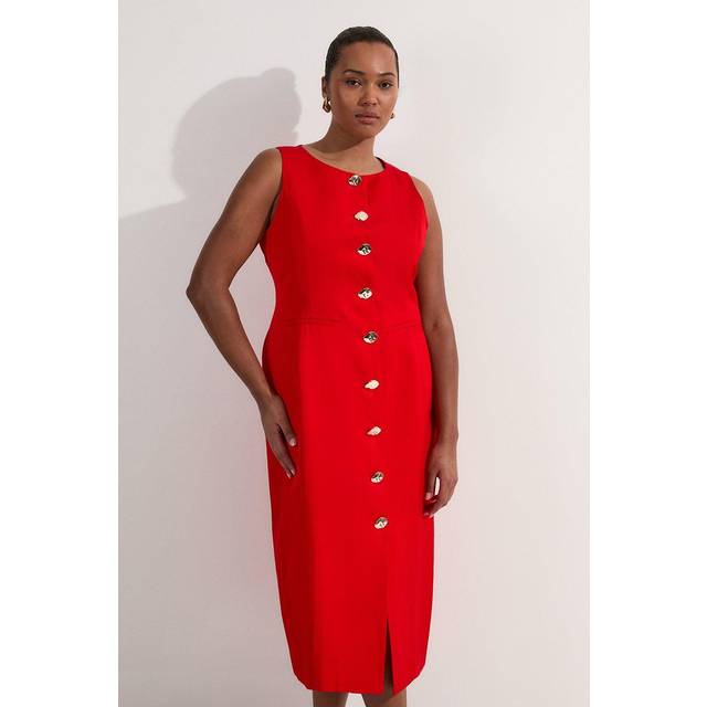 Plus Size Viscose Linen Tailored Statement Button Front Pencil Midi Dress - Red