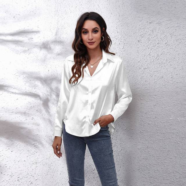 (White, M) 17 Color Option Women's Satin Blouse Tops Summer Fashion Female Turn Down Collar Long Sleeve OL Ribbon Blouse Shirts BSFS-0212YT