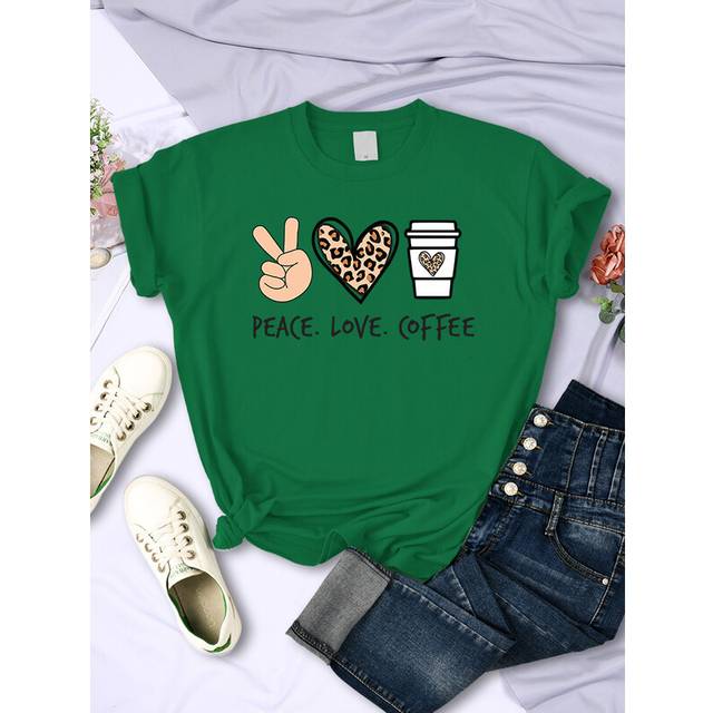 (Green, M) Peace Love Coffee Prints Women Tshirts Cotton High Quality T-Shirts Brand Breathable Tees Shirts Street O-Neck Tshirt For Women