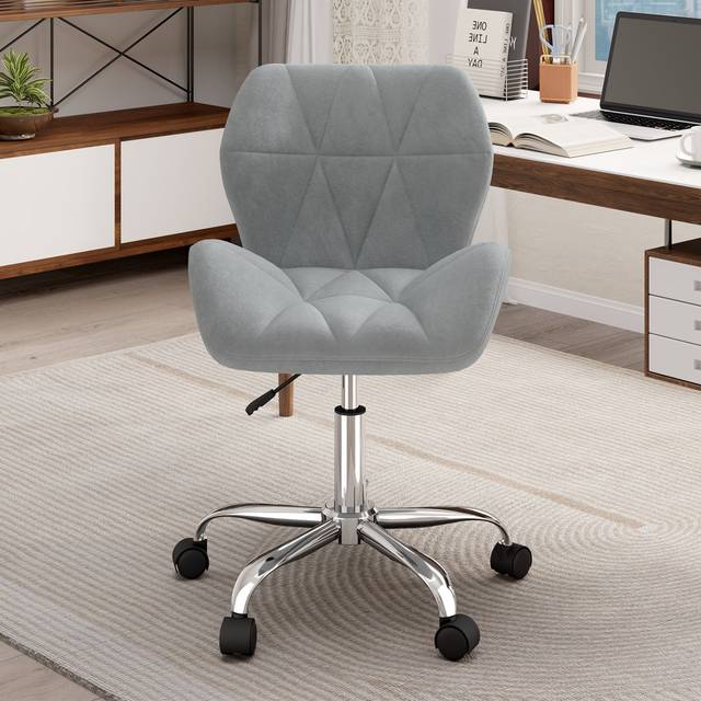 Modern Velvet Office Chair Adjustable Swivel Desk Chair with Shell Backrest and Silver Coloured Metal Feet - Grey (48cm W X 44cm D)