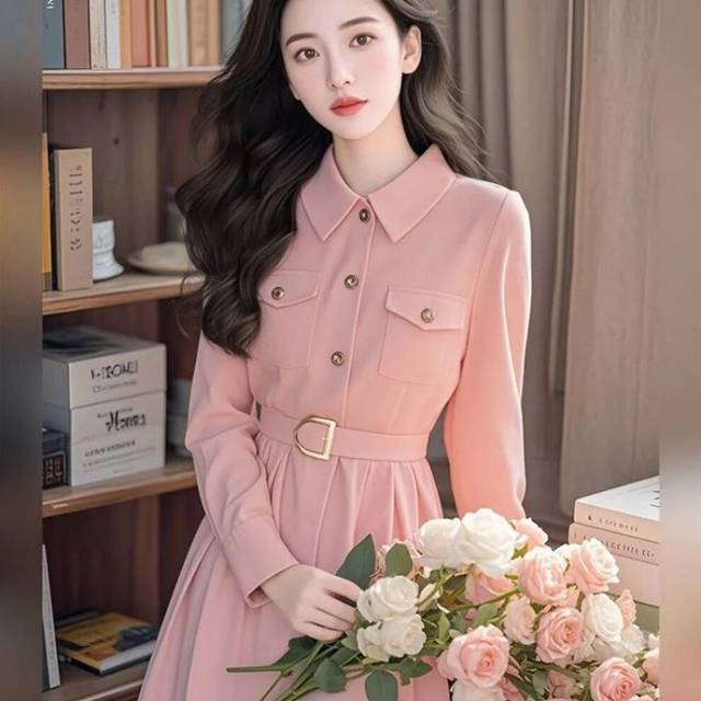 (Pink Dress, L) Early Autumn Fishing Date Skirt Xiaoxiang Style Formal Occasion Waist-retted Pink Long-sleeved Dress For Women