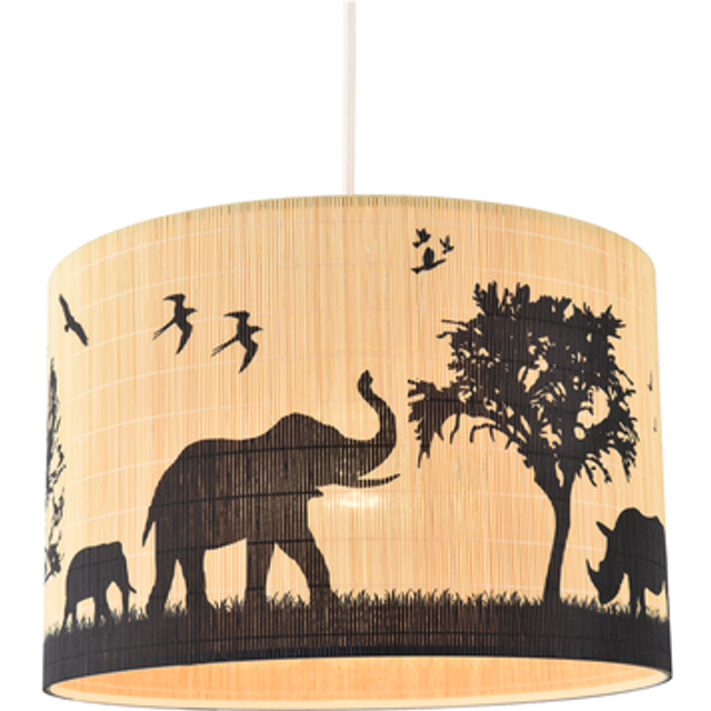 Modern Safari Bamboo Pendant Light Shade with Black Animals and Trees - Brown - One Size