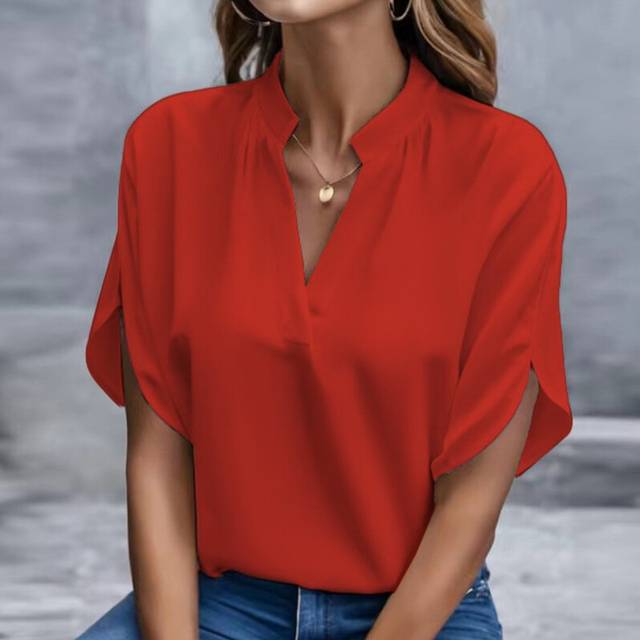 (Red, L) Women Elegant Solid Chiffon Blouse Spring Summer Casual Long Sleeve V Neck Yellow Office Lady White Shirt Tunics Basic Tops New