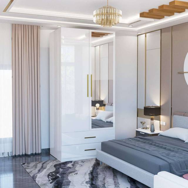 Modern High Gloss Double Door Hinged Wardrobe 80cm Black/Grey/White (200cm H X 80cm W X 50cm D)