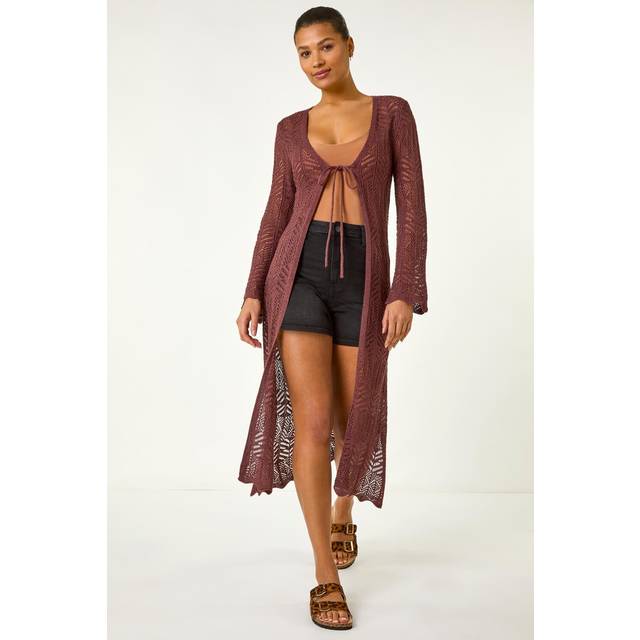 Longline Tie Cotton Blend Knit Cardigan - Chocolate - 20