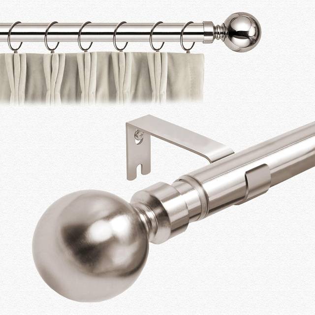Metal Plain Ball Extendable Curtain Pole 160 cm to 300 cm Adjustable Curtain Rod - Brushed Silver