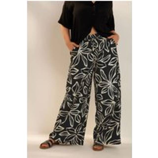 Yours Curve Black & White Floral Print Textured Wide Leg Trousers, Women's Curve & Plus Size, Yours - 34-36