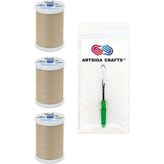 Coats & Clark Sewing Thread Dual Duty XP General Purpose Poly Thread 250 Yards (3-Pack) Buff Bundle with 1 Artsiga Crafts Seam Ripper S910-8050-3P