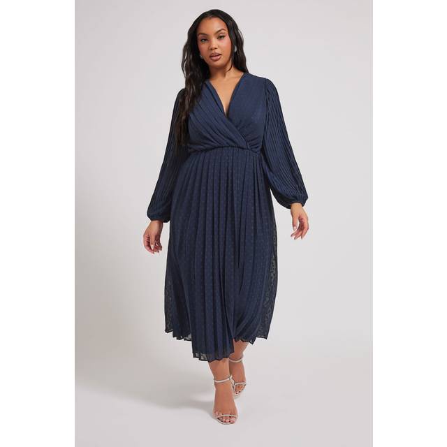 Yours London Navy Blue Pleated Dobby Wrap Dress, Women's Curve & Plus Size, Yours London - 16