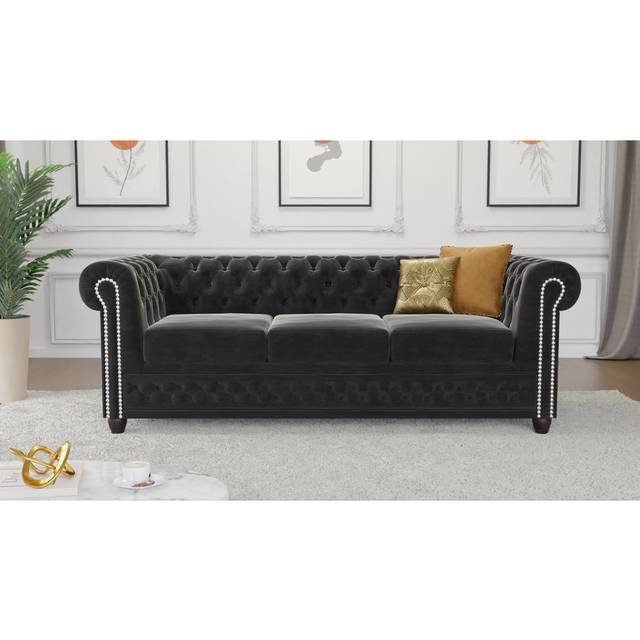 Chesterfield Hanna 3 Seater Sofa Made of Velvet Fabric with Solid Wood Legs - Black (72cm H X 203cm W X 86cm D)