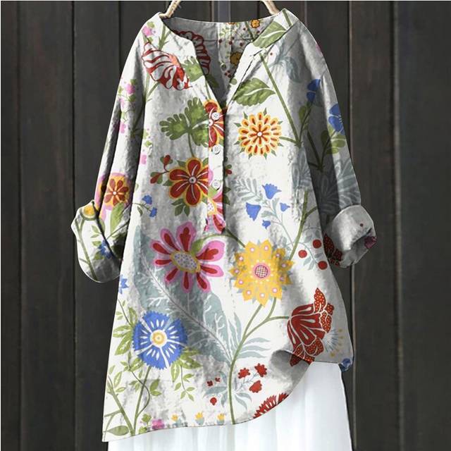 (HCY12, M) Women's Autumn Winter New Fashion Printed Button Up Shirt Long Sleeved Bamboo Linen Casual Comfortable Top