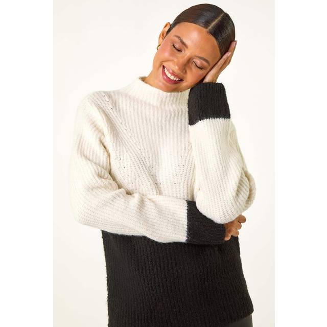Colour Block Funnel Neck Knit Jumper - Ivory - 10