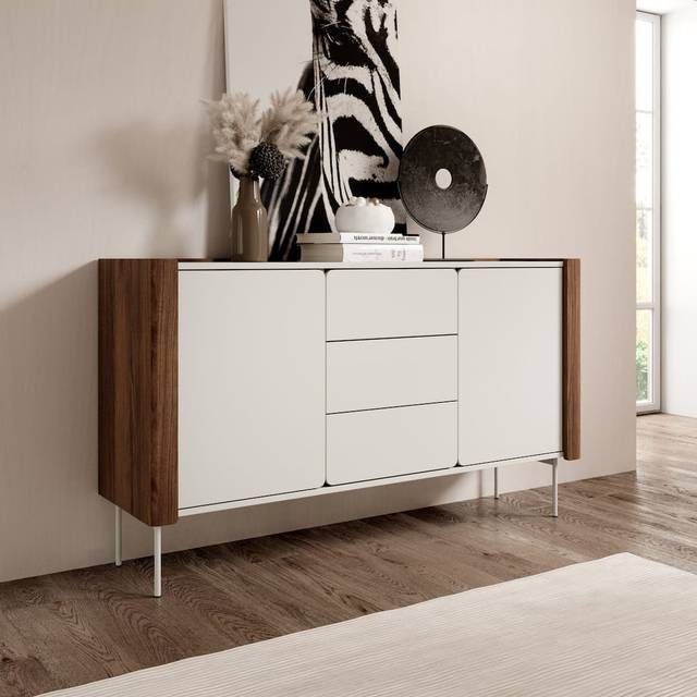 Modern Elegance: Wrap Sideboard Cabinet 142cm in Cashmere & Oak Walnut (83cm H X 142cm W X 40cm D)