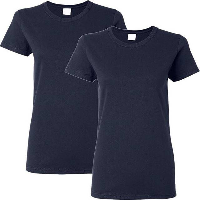 (Navy Blue, M) 2 Pack Ladies Womens Cotton Blank Plain Crew Neck Short Sleeve T-Shirt Tee Tops Bulk