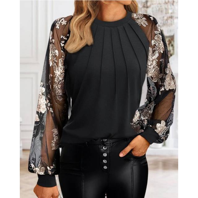(Black 2, S) Spring women Fashion mesh spliced Round Neck long Sleeve Loose Blouse Tops office lady Casual Solid Color shirts Top