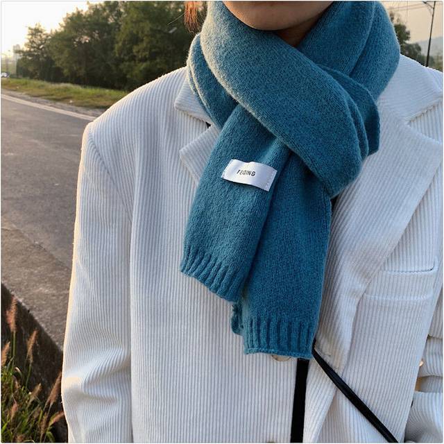 (Lake Blue) Winter women's scarf solid color flat knitted wool versatile couple fashion thick warm neck scarf