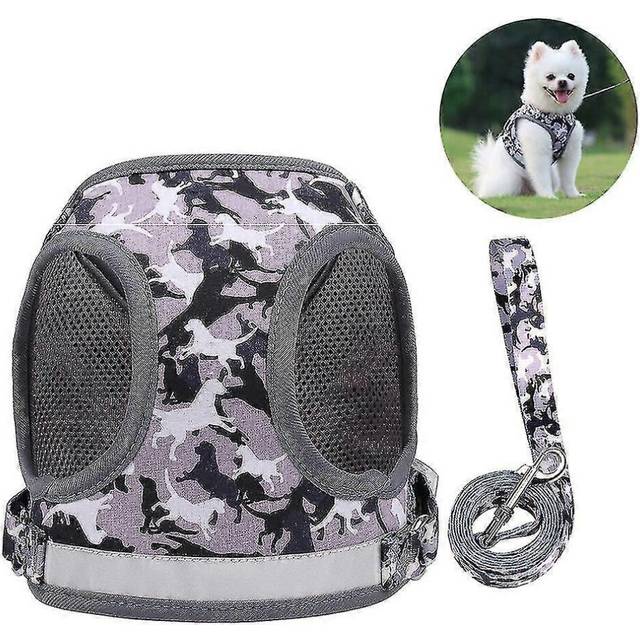 (Gray, XL) Camouflage Dogs Harness Vest Leash And Collar Set For Small Medium Dogs Chest Strap