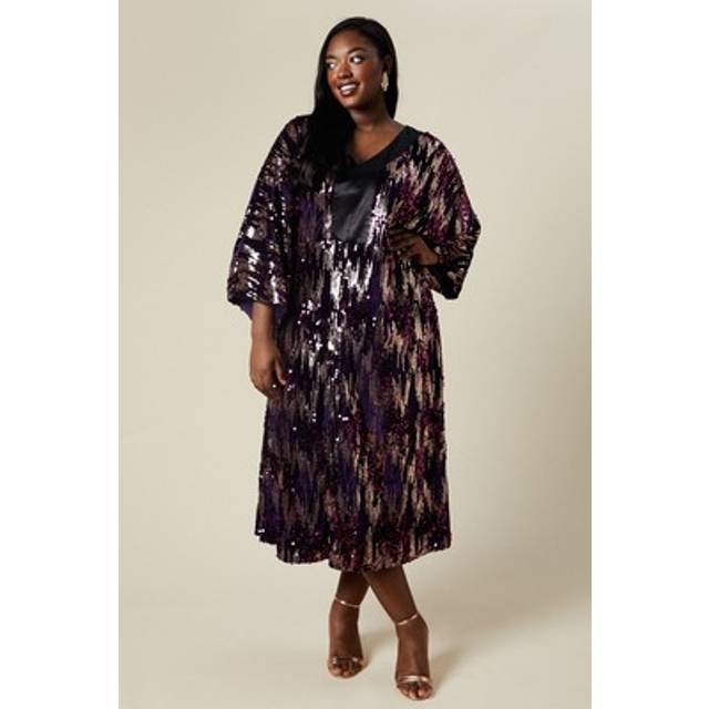 Womens Curve Kimono Sleeve Sequin Midi Dress - Plum - 18