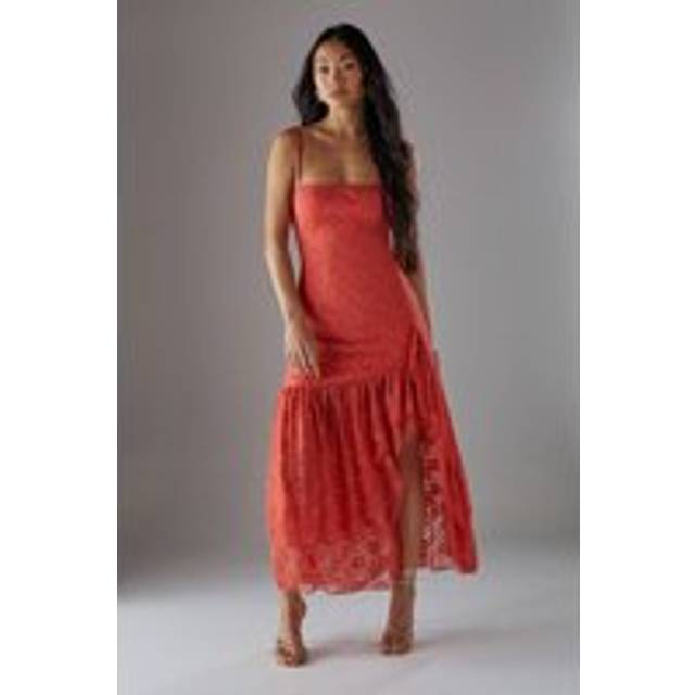 Petite Lace Strappy Drop Waist Ruffle Midi Dress - Coral - 6