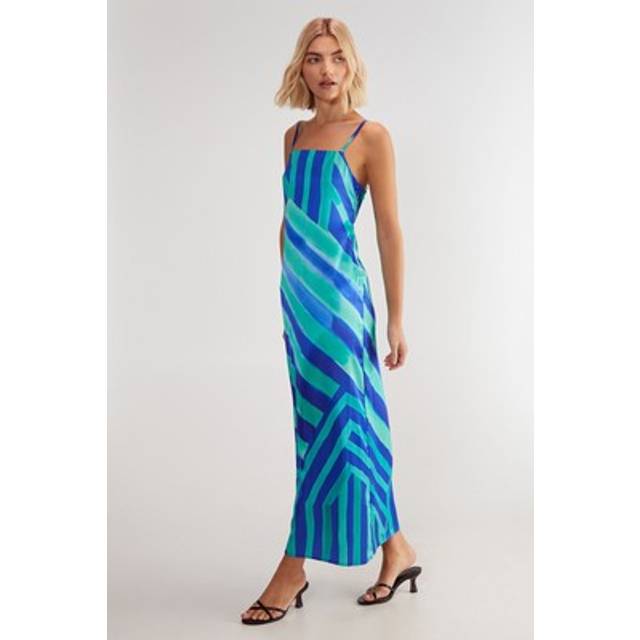 Womens Satin Stripe Tie Back Maxi Slip Dress - Blue - 4