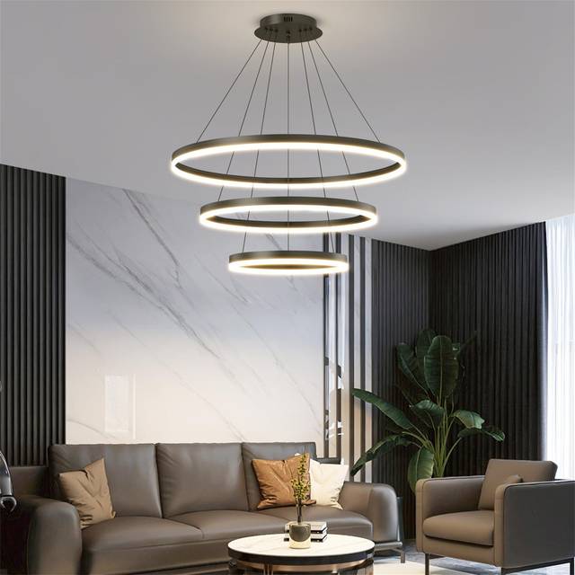 Modern LED Pendant Light, 3 Ring Dimmable LED Pendant Light With Remote Control, Round Recessed High Ceiling Light Fixture - Satin Black