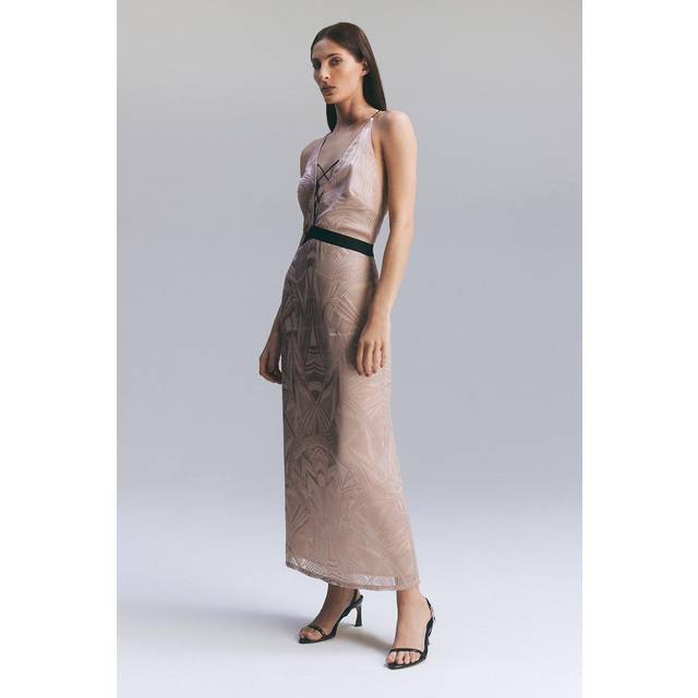 Amelia Graham Burnout Lace Up Detail Woven Column Dress - Pink