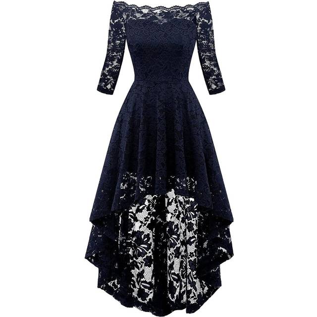 (S, Blue) Promotion 50%off Womens Vintage Off Shoulder Lace Dress Floral Full Lace High And Low Long Sleeve Party Cocktail A-line Swing Dresses Best S