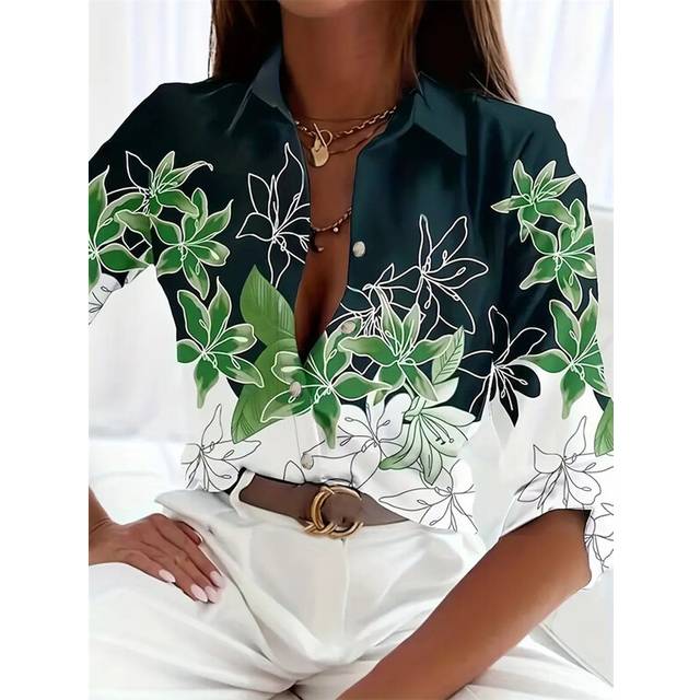 (B25SLTH24614150515, S) Boutique Pattern Printed Button Long Sleeve Women's Shirt Vintage Elegant Office Fashion Large Size Women's Daily Lapel Shirt