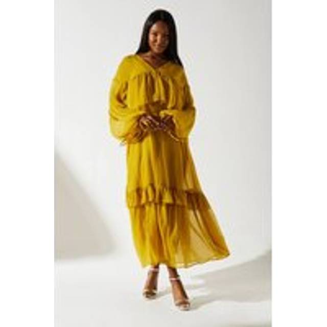 Coast Womens Maxi Dress Olive Chiffon Trapeze Frill V Neck Long Sleeves Occasion