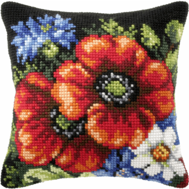 Cross Stitch Kit: Cushion: Large: Wildflowers on Black Background - Multi - One Size