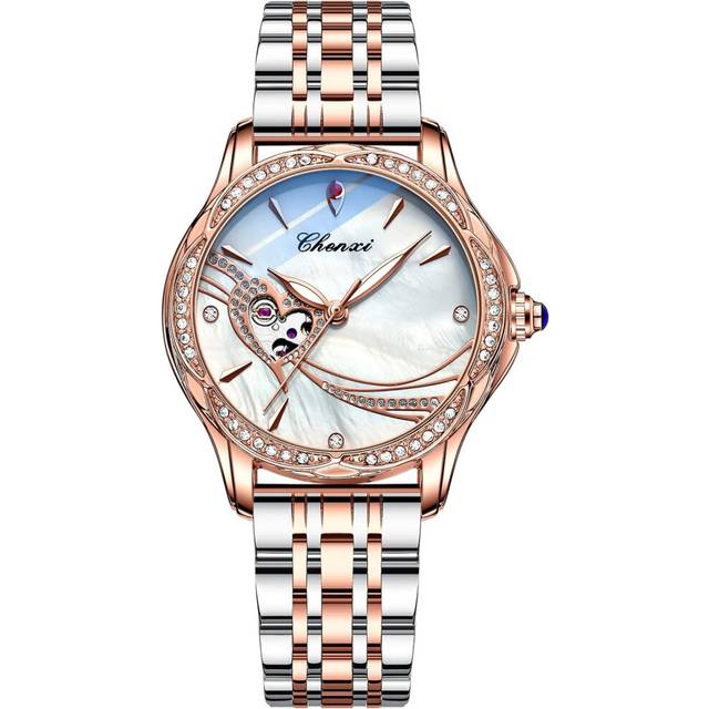 Women Stainless Steel Waterproof Diamond-Accented Self Winding Watches