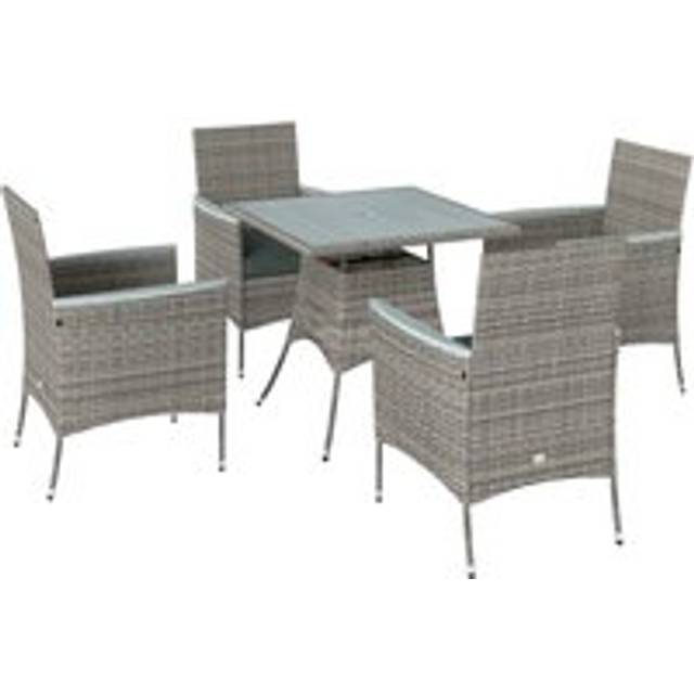 Outsunny Rattan Dining Set with Parasol Hole, Garden Table and Chairs, Grey