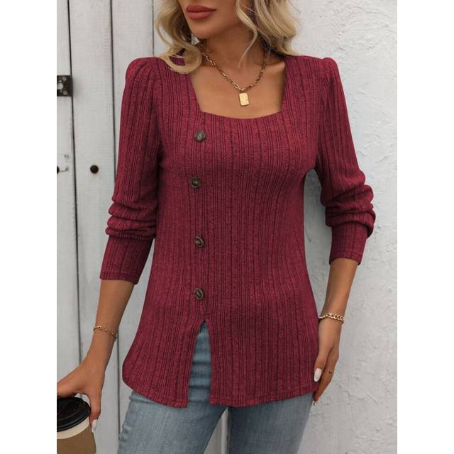 (Burgundy, XXL) Womens Ribbed Knit Jumper Square Neck Button Detail Long Sleeve Pullover Autumn