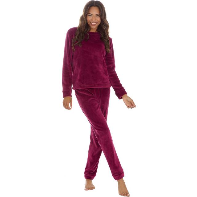 (Burgundy - Fleece, XL) Metzuyan Ladies Plush Fleece Or Crushed Velvet Two Piece Co-Ord Pyjama Set Size S-Xl
