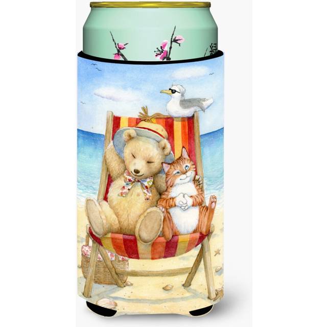 Caroline's Treasures CDCO0336TBC Summer Teddy Bear and Cat on Beach Tall Boy Beverage Insulator Hugger  Multicolor