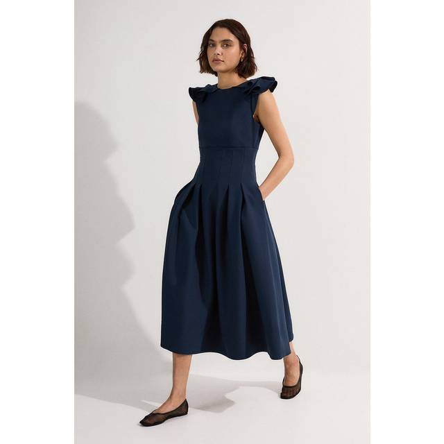 Structured Crepe Ruffle Shoulder Tailored Full Skirted Midi Dress - Navy