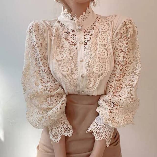 (Apricot, S) Vintage Solid White Lace Blouse Shirts Women New Korean Button Loose Shirt Tops Female Hollow Casual Ladies Blouses Blusas