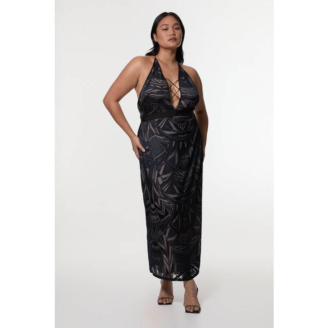 Amelia Graham Plus Size Burnout Lace Up Detail Woven Column Dress - Navy