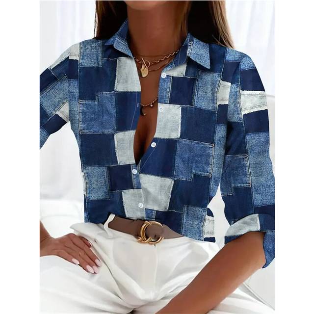 (B25SLTH24614150511, XL) Boutique Pattern Printed Button Long Sleeve Women's Shirt Vintage Elegant Office Fashion Large Size Women's Daily Lapel Shirt
