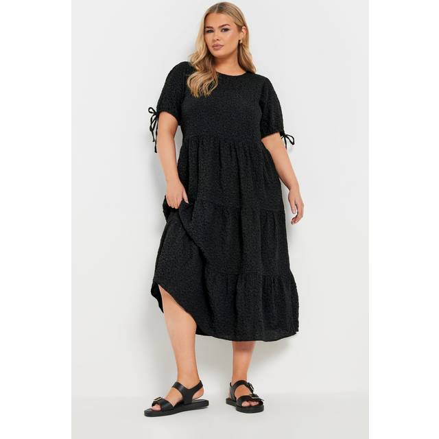 Yours Curve Black Textured Ditsy Floral Tie Back Dress, Women's Curve & Plus Size, Yours - 30-32