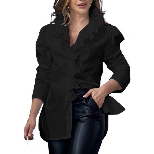 (black, M) Women Long Sleeve Shirt Puffed Sleeves Blouse Stylish Women's V-neck Spring Autumn Blouse Top Ruffle Trim Women Casual Shirts